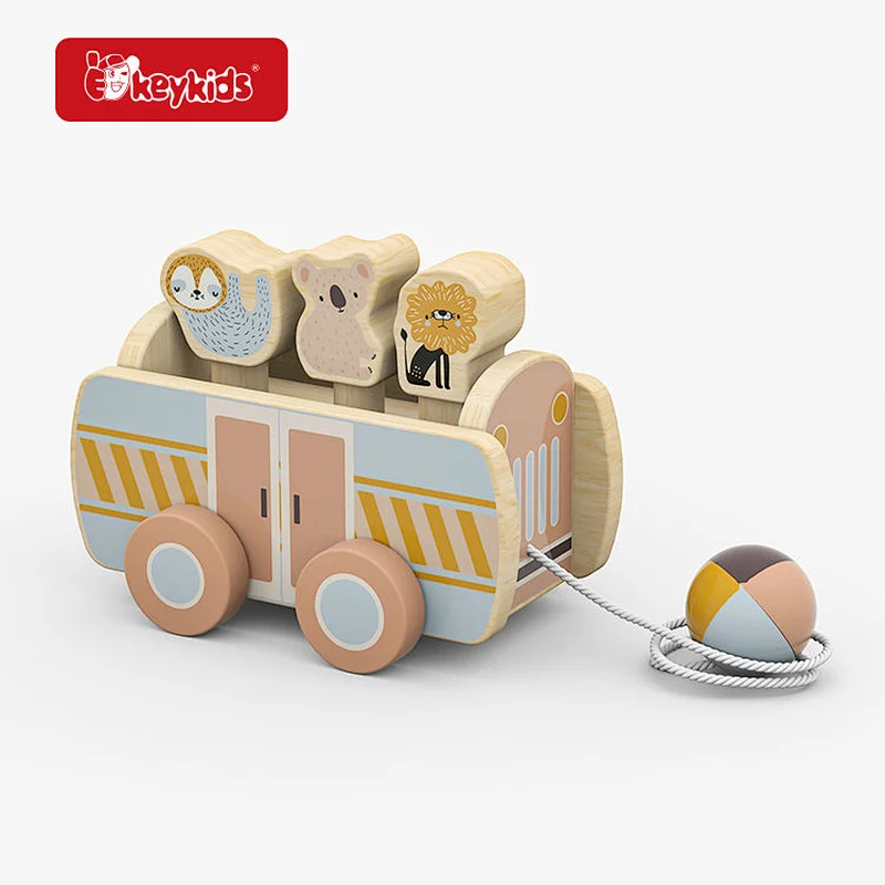 Wooden Pull-Along Car Toy with Animal Shape Sorter Educational Travel Plaything for Toddlers W05C165